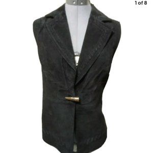 PETER NYGARD Leather Vest women PS Black w/sweater back BRAIDED trim & Toggle
